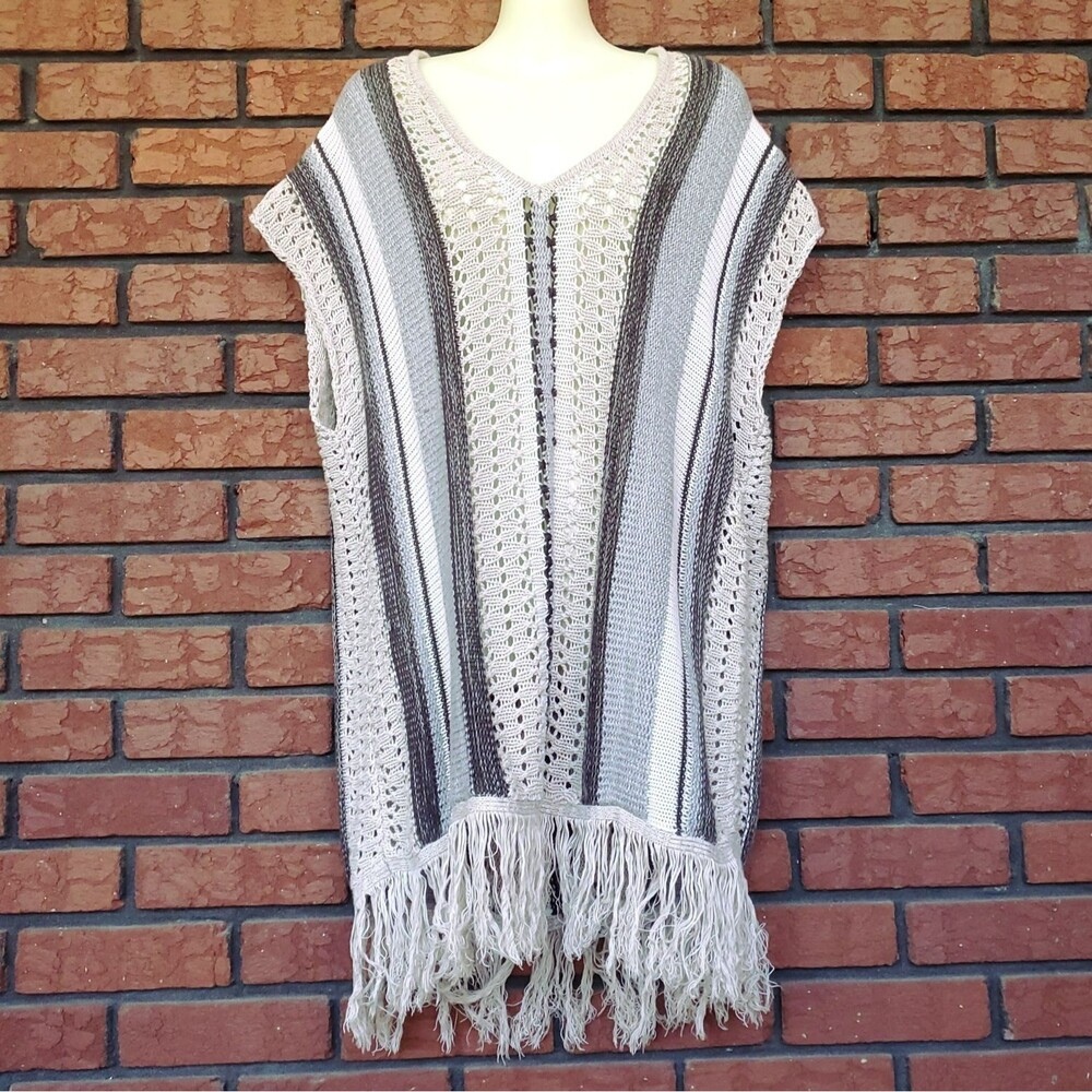 Tunic Fringe Sweater Vest Women S/M Beige Stripe Western Boho Southwest Festival